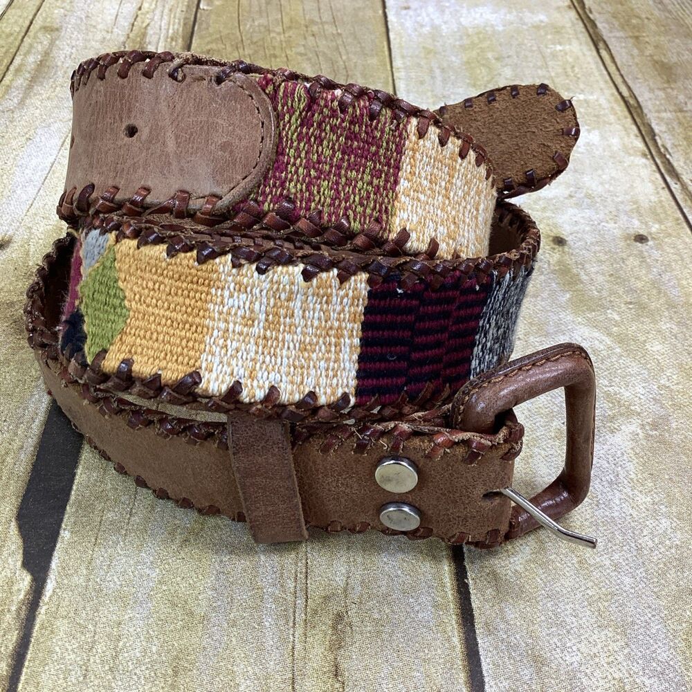 Lucky Brand Boho Embroidered Leather Belt Small Size S Western Aztec Braid Edge